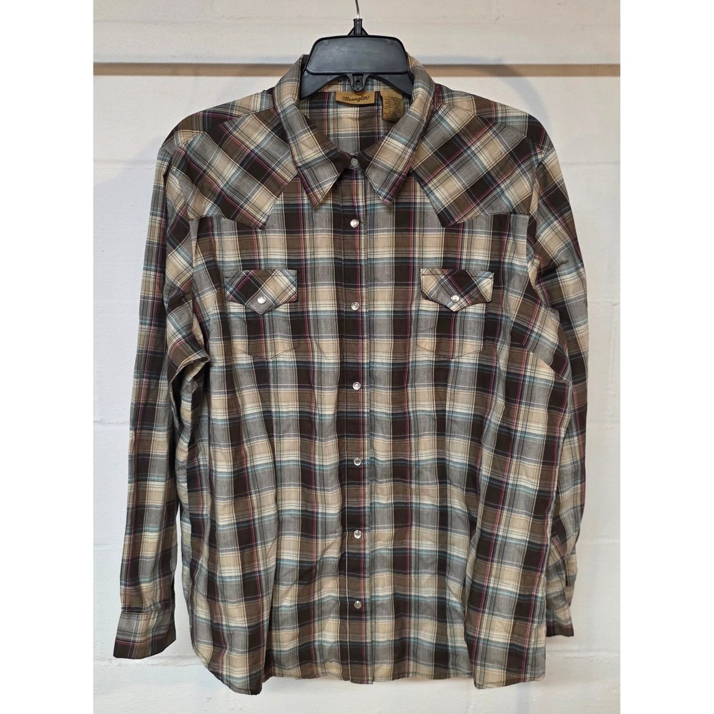 Wrangler Womens XL Brown Pink Plaid Western Pearl Snap Long Sleeve Shirt